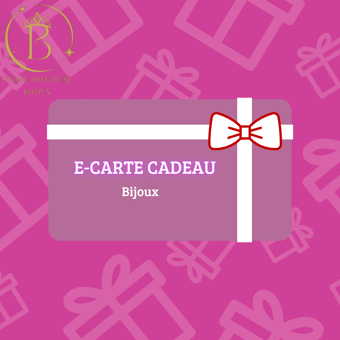E-Carte Cadeau Bijoux sur fond rose avec motifs de cadeaux, idéale pour offrir des bijoux en acier inoxydable.